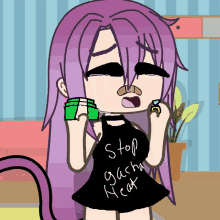 a girl with purple hair and a black shirt that says stop gacha neat