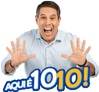 a man in a blue shirt is holding up his hands in front of a logo that says aquie 1010