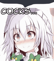 a picture of a girl with white hair and the words cocks