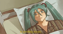 a cartoon of hatsune miku laying in a bed .