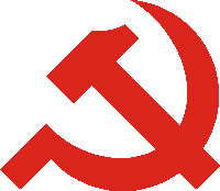 a red hammer and sickle symbol is on a white background