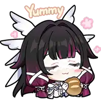 a cartoon girl with wings is holding a piece of bread and the word yummy is above her