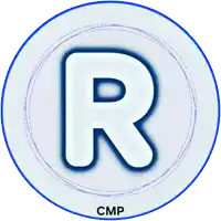a white letter r in a blue circle with cmp written below it