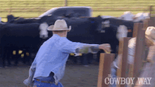 a man in a cowboy hat is standing in front of a herd of cows with the cowboy way written on the fence