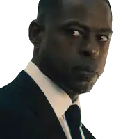 a close up of a man 's face with a white background