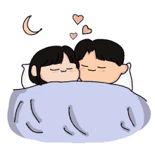 a cartoon drawing of a man and a woman kissing under a blanket