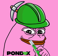 a cartoon of a frog wearing a hard hat and holding a test tube with pond x written on it