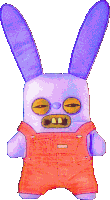 a purple stuffed bunny wearing red overalls has a yellow face