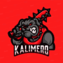 a cartoon illustration of a bulldog holding a bat with kalimero written on it