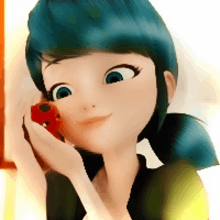 a cartoon girl with blue hair is smiling and holding a ladybug on her face .