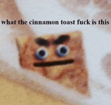 a picture of a cinnamon toast with an angry face and the words " what the cinnamon toast fuck is this "