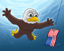 a bald eagle is swimming in the water holding an american flag on a hook