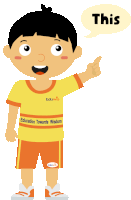 a boy wearing a yellow shirt that says education towards wisdom points at something