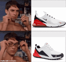 a man adjusts his glasses in front of a pair of nike shoes