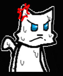 a pixel art drawing of a white cat with blue eyes and a red bow on its head