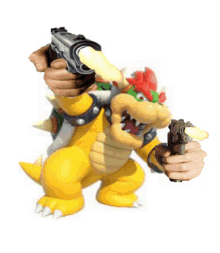 bowser is holding a gun with a bullet coming out of it 's mouth