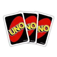 three uno cards are stacked on top of each other on a white background