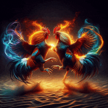 a painting of two roosters with flames coming out of their feathers