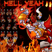 a cartoon of a demon with the words hell yeah written above him