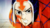 a close up of a cartoon character 's face with a white helmet .