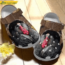 a pair of crocs with a picture of a turkey on them .