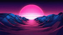 a sunset over a mountain range with a pink sun in the sky .