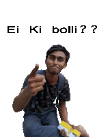 a man with a backpack is pointing at the camera with the words ei ki bolli ? behind him