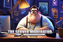 a poster for disney pixar shows a man sitting at a desk with a computer