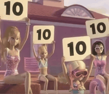 a group of barbie dolls holding up signs with the number 10 on them