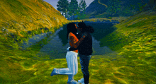 a man is holding a woman in his arms in front of a body of water