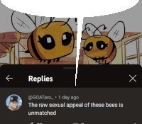 a cartoon of two bees with the words " replies " on the bottom