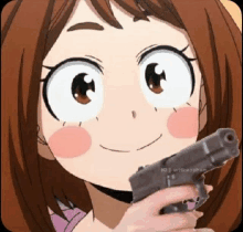 a close up of a girl holding a gun in her hand .