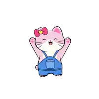 a cartoon drawing of a pink cat wearing blue overalls and a pink bow