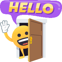 a yellow smiley face with arms and legs is standing in an open door with a speech bubble that says hello