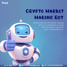 a robot giving a thumbs up with the words " crypto market making bot " below it