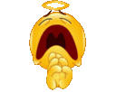 a crying smiley face with a halo on its head and a fist in its mouth .