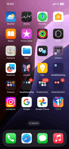 a phone screen shows the time as 10:03 and various apps