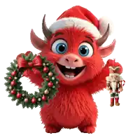 a red monster wearing a santa hat is holding a nutcracker and a wreath