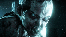 a close up of a zombie with blue eyes looking at the camera