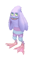 a cartoon character with purple hair and pink feet stands on a white background