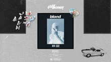 a poster for blond features a white car and flowers