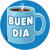 a blue cup of coffee with the words buen dia on it