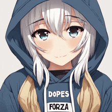 a girl wearing a hoodie that says dopes forza on it