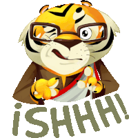 a cartoon of a tiger with glasses and the word shhh on the bottom