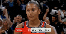 a female basketball player stands in front of a crowd with a scoreboard that says thomas