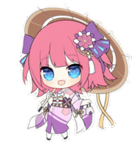 a girl with pink hair and blue eyes is wearing a kimono and a hat