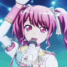 a pink haired anime girl singing into a microphone with the words hi luca hi written on the bottom