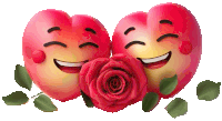 two red hearts with smiley faces and a red rose