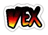 a sticker that says vex with a white border