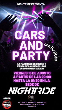 a poster for cars and party with a crowd of people in the background